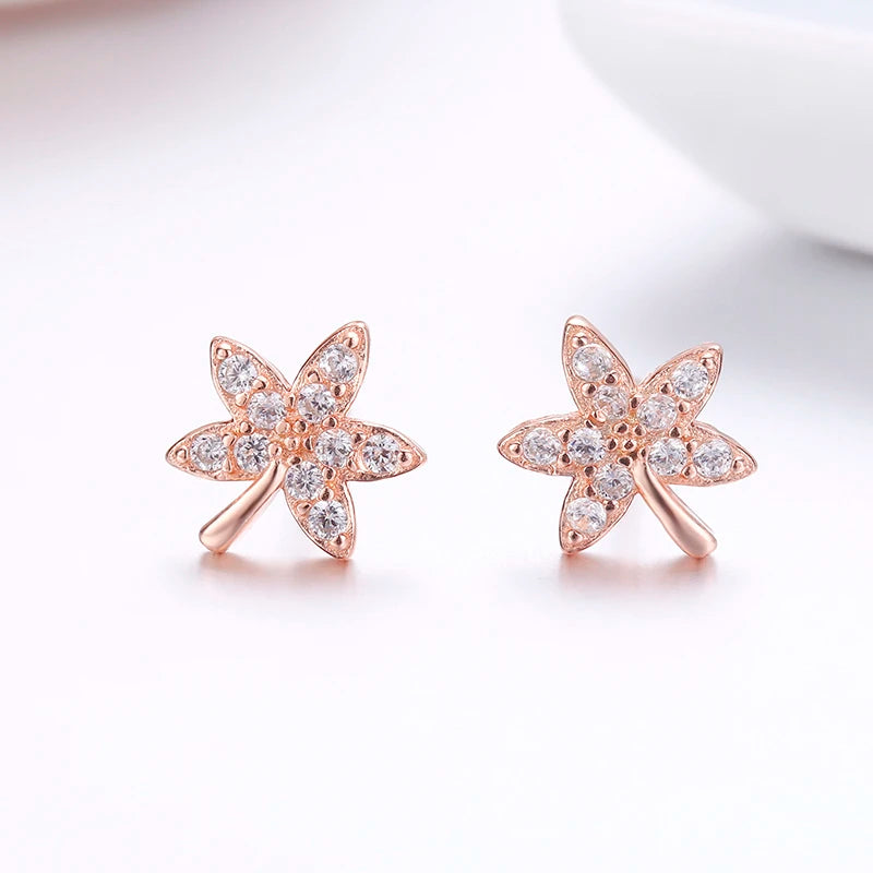 925 Silver Rose CZ Maple Leaf Stud Earrings For Women Girls Kids