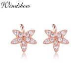 925 Silver Rose CZ Maple Leaf Stud Earrings For Women Girls Kids