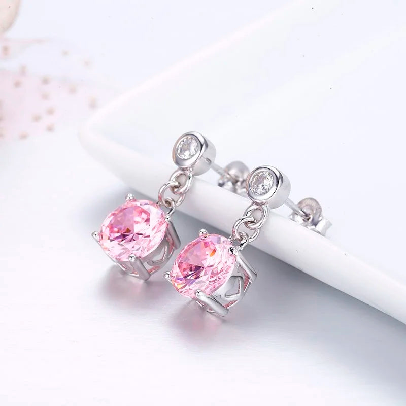 925 Silver Pink CZ Stones Drop Earrings For Women Girls Kids