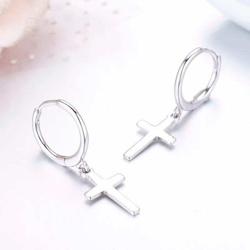 925 Silver Circle Loop Cross Drop Earrings For Women Girls Jewelry