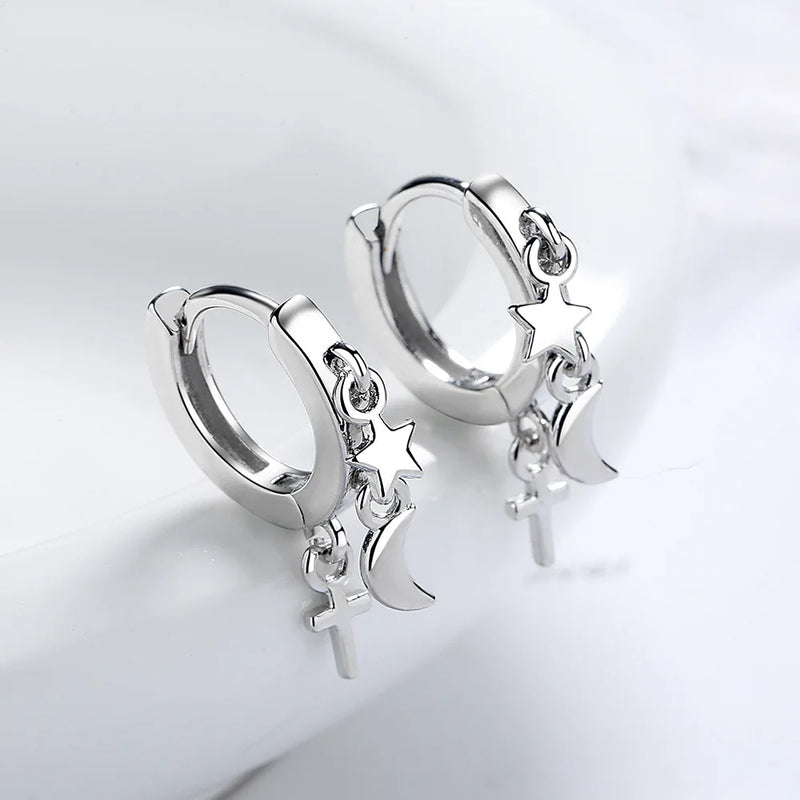 925 Silver Small Huggie Hoops Earrings Star Moon Wedding Party Jewelry