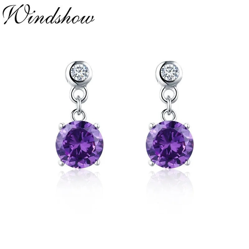 925 Silver Small Purple CZ Stones Drop Earrings Girls Kids Jewelry