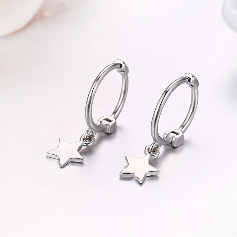925 Silver Star Charms Hoops Earrings for Girls