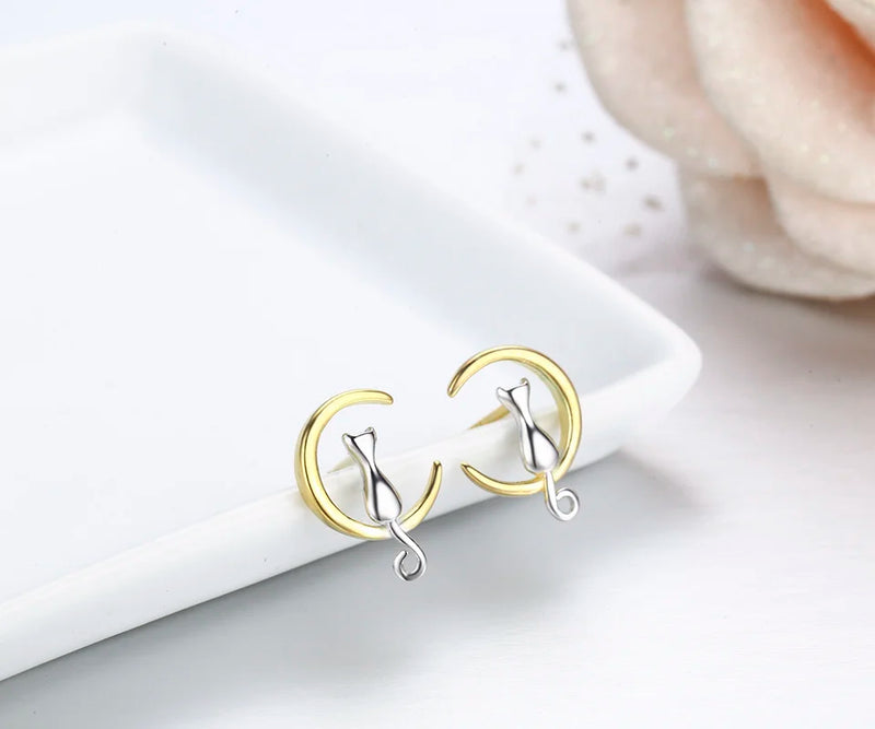 925 Silver Yellow Moon Kitty Cat Stud Earrings For Girls Kids