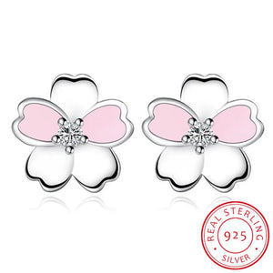 925 Silver Cherry Blossoms Flower Pink CZ Stud Earrings Set