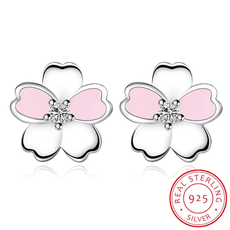 925 Silver Cherry Blossoms Flower Pink CZ Stud Earrings Set
