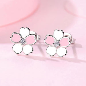 925 Silver Cherry Blossoms Flower Pink CZ Stud Earrings Set