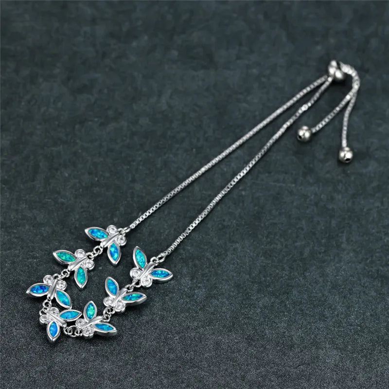 Small Butterfly Fire Opal Stone Bracelet Vintage Silver Chain Bridal Jewelry