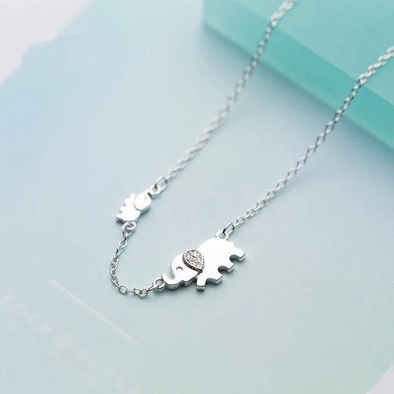 925 Silver Double Rhinestone Elephant Necklace For Women
