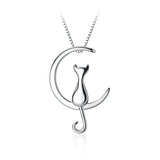 925 Sterling Silver Moon Cat Pendant Necklace for Women Girls