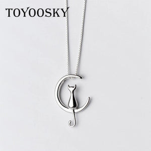 925 Sterling Silver Moon Cat Pendant Necklace for Women Girls