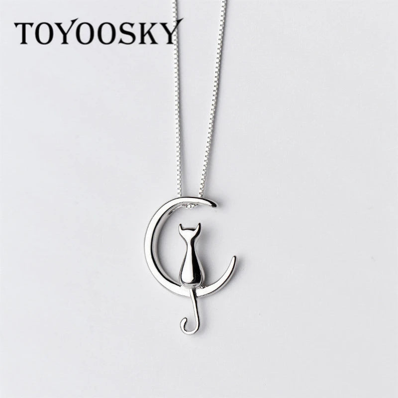 925 Sterling Silver Moon Cat Pendant Necklace for Women Girls