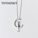 925 Sterling Silver Moon Cat Pendant Necklace for Women Girls