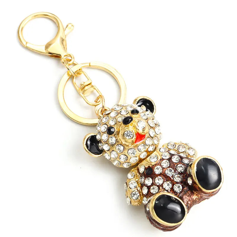 Bear Crystal Rhinestone Enamel Keychain Cartoon Teddy Drip Oil Pendant Keyring