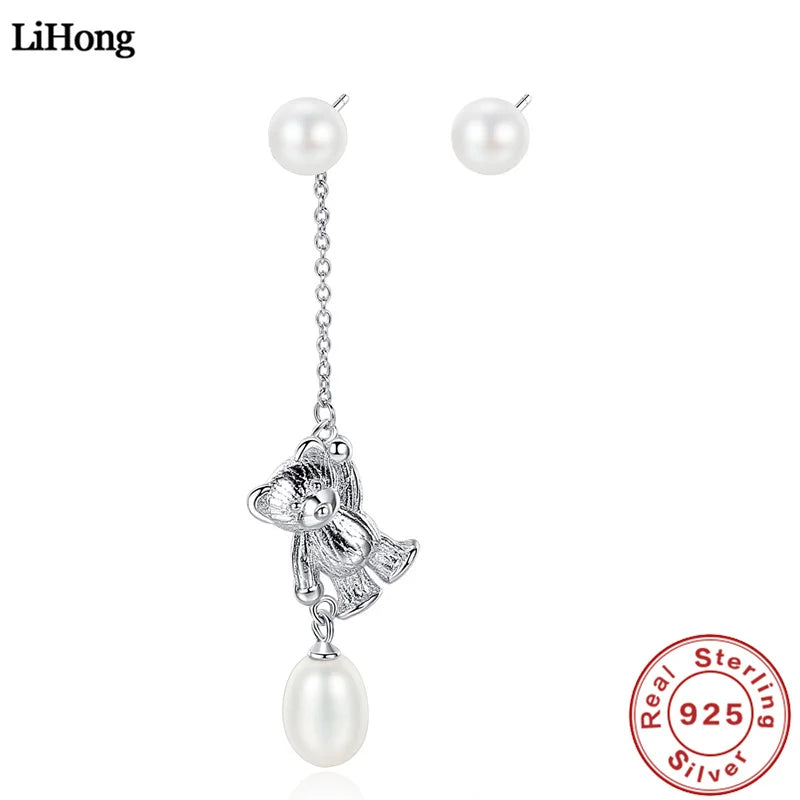 925 Sterling Silver Bear Earrings with Natural Pearl - Asymmetric Women Jewelry