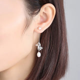 925 Sterling Silver Bear Earrings with Natural Pearl - Asymmetric Women Jewelry