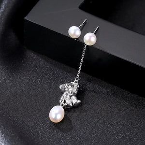 925 Sterling Silver Bear Earrings with Natural Pearl - Asymmetric Women Jewelry