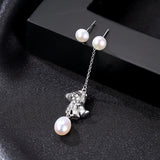 925 Sterling Silver Bear Earrings with Natural Pearl - Asymmetric Women Jewelry