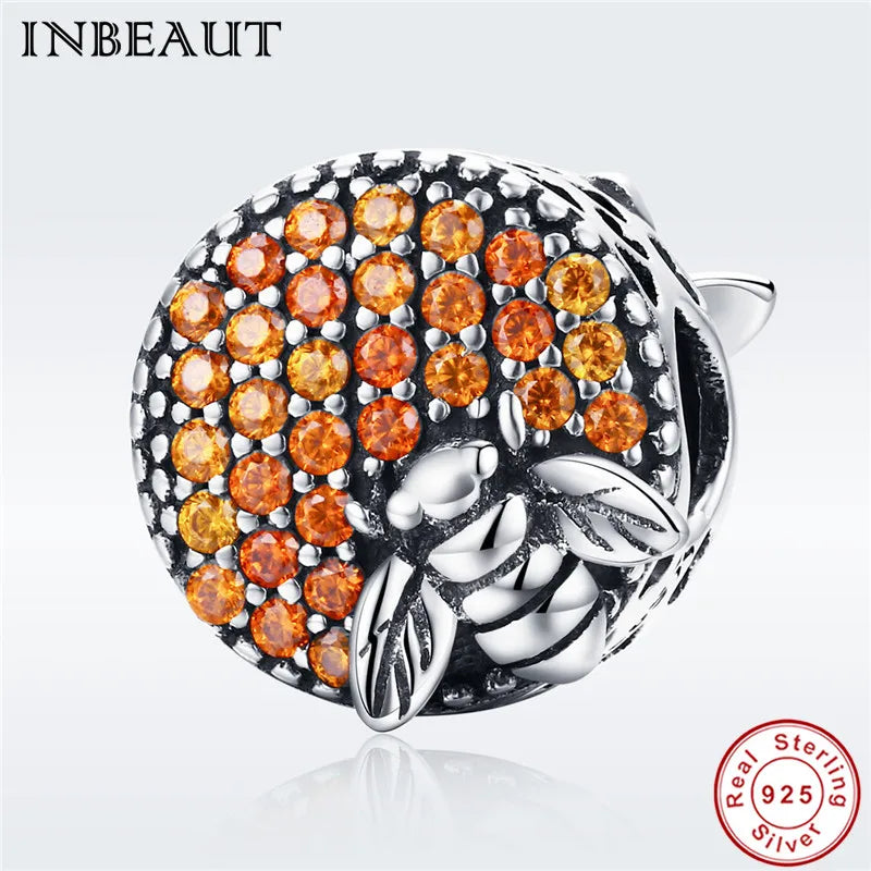 925 Sterling Silver Bee Charm Brown CZ Honeycomb Round Stone Beads