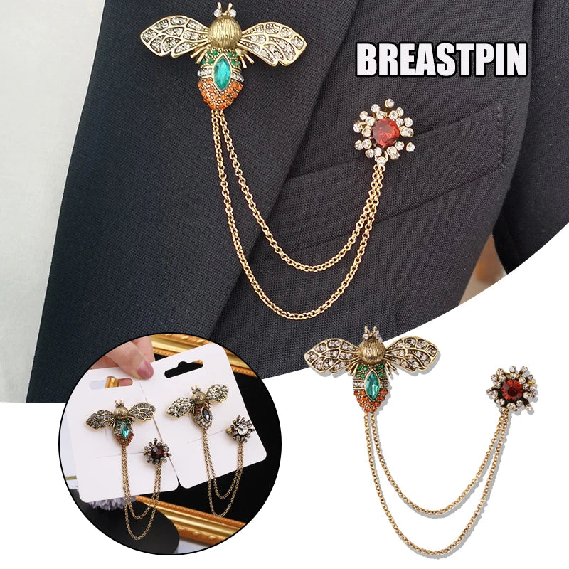 Bees Brooch Chain Double Pin Buckle Retro Cardigan Accessories