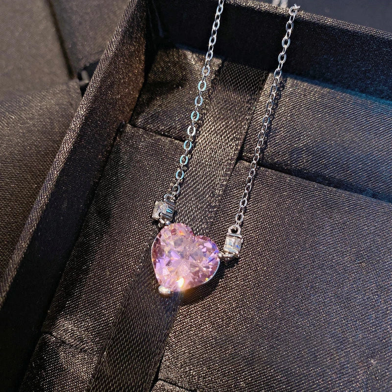 Pink Heart Pendant Necklace for Women Yellow CZ Necklace