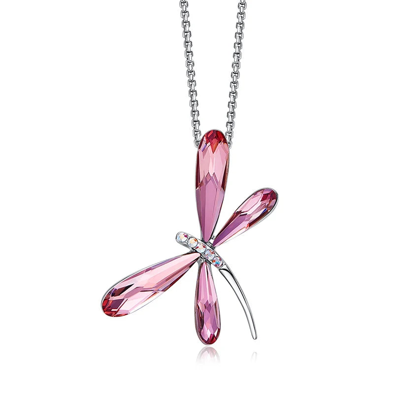 Pink Dragonfly Pendant Necklace Genuine Austrian Crystals Silver Chain Jewelry