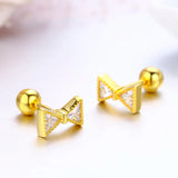 Bowknot CZ 925 Silver Color Screw Back Stud Earrings For Girls