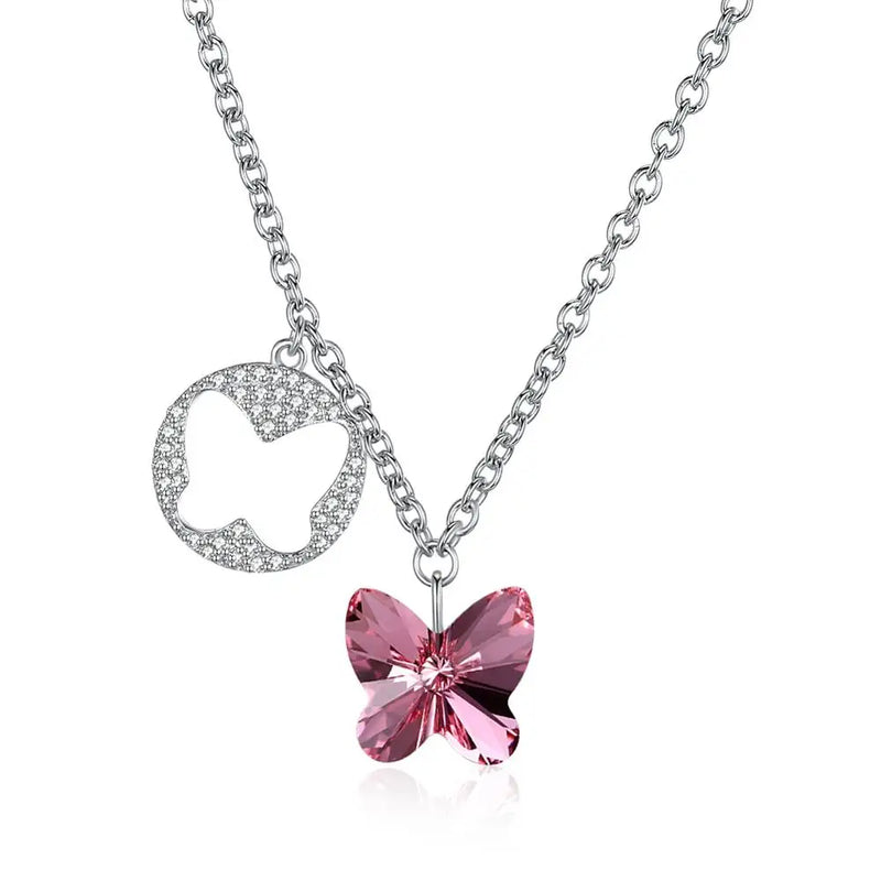Butterfly Necklace Blue/Pink Crystals 925 Silver Chain Choker Women Girl