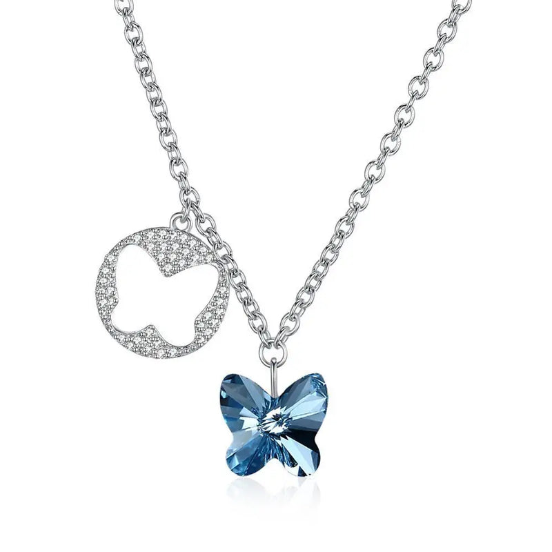Butterfly Necklace Pendant Blue/pink Crystals 925 Sterling Silver Chain Choker