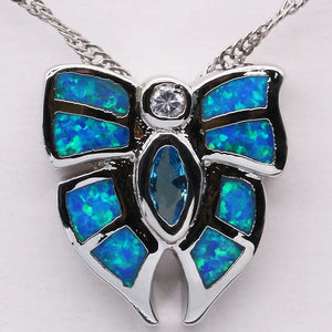 Opal Butterfly Pendant Necklace Silver Plated Jewelry
