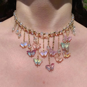 Butterfly Tassel Necklace Crystal Beaded Choker 90s Jewelry
