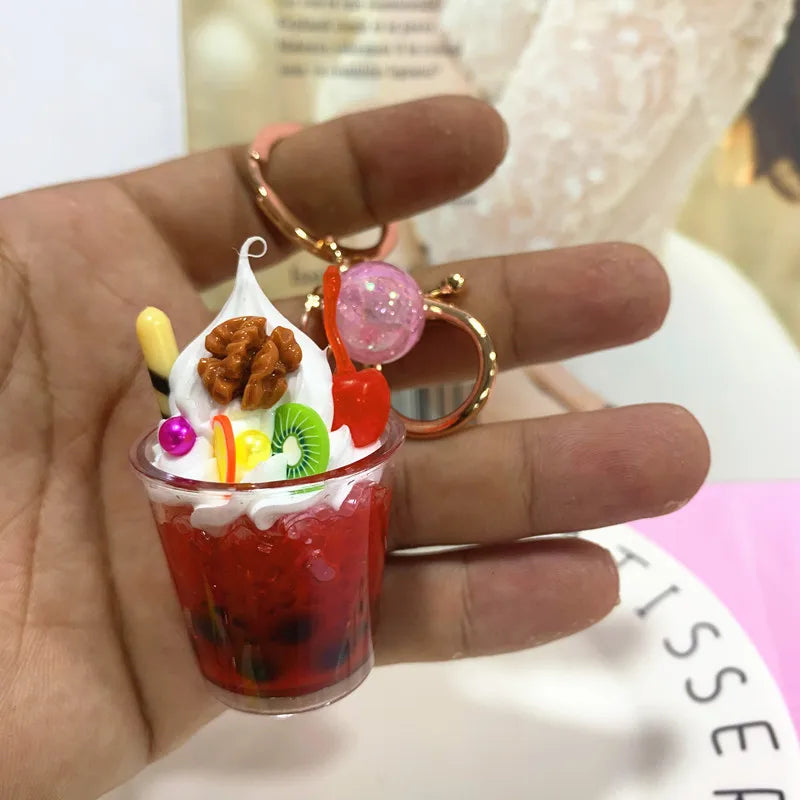 Cartoon Ice Cream Milk Tea Cup Key Chain Food Couple Bag Pendant