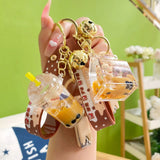 Pearl Milk Tea Bear Liquid Keychain Girl Boy Bag Pendant Keyring Key Charm