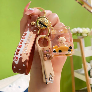 Pearl Milk Tea Bear Liquid Keychain Girl Boy Bag Pendant Keyring Key Charm