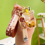 Pearl Milk Tea Bear Liquid Keychain Girl Boy Bag Pendant Keyring Key Charm