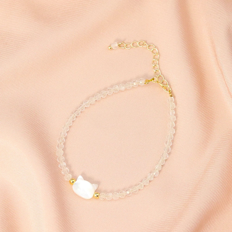 Cat Head Shell Charm Bracelet Natural Mother of Pearl Beaded Bangle Anklet