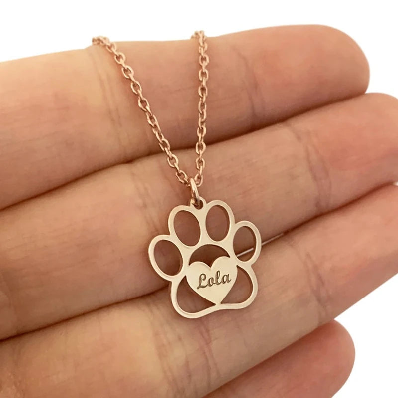 Cat Paw Name Necklace Heart Pendant Personalized Dog Bear Footprint Engraved