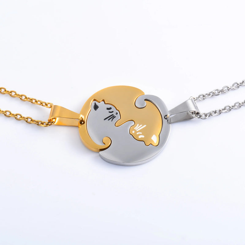 Cat Puzzle Pendant Necklaces Couple Friends Stainless Steel Charms Chains