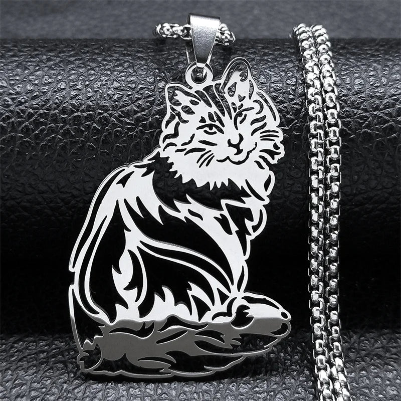 Cat Ragdoll Kitty Pendant Necklace Stainless Steel Silver Chain Pet Lover Gift