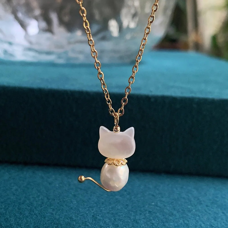 Cat Freshwater Pearl Necklace with Rabbit Pendant