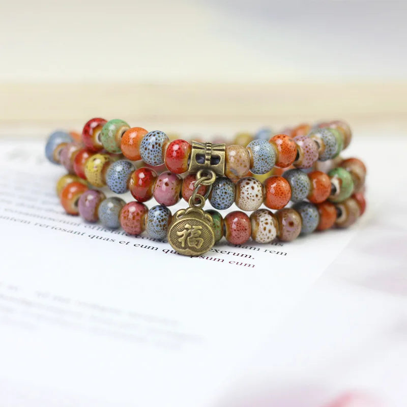 Chinese Ceramic Beads Wrap Bracelet Vintage Siver Charm for Women