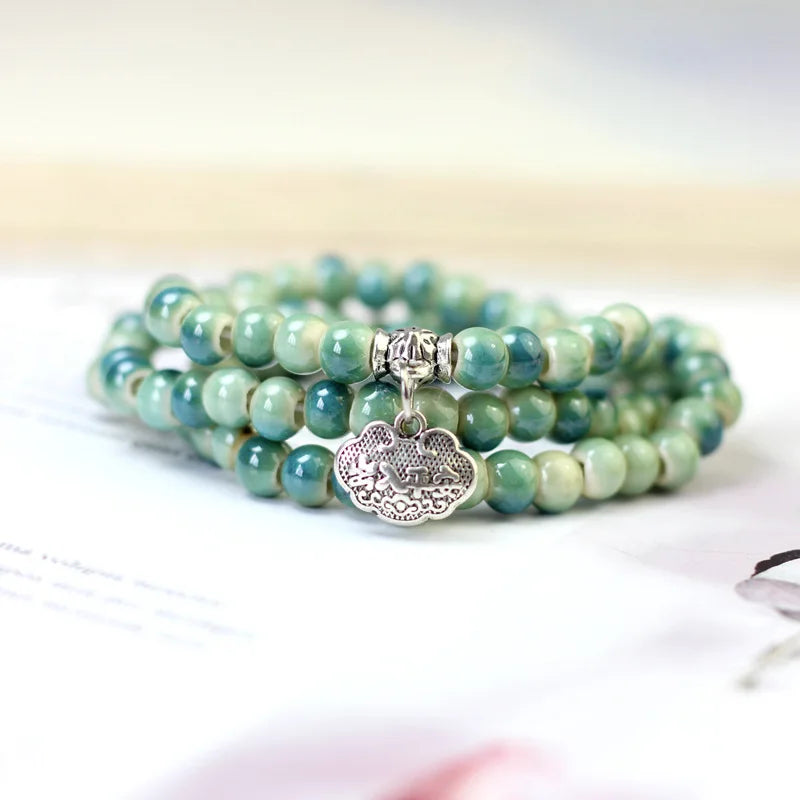Chinese Ceramic Beads Wrap Bracelet Vintage Siver Charm for Women