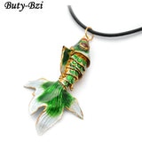 Cloisonne Goldfish Fish Pendant Leather Cord Chains Necklace