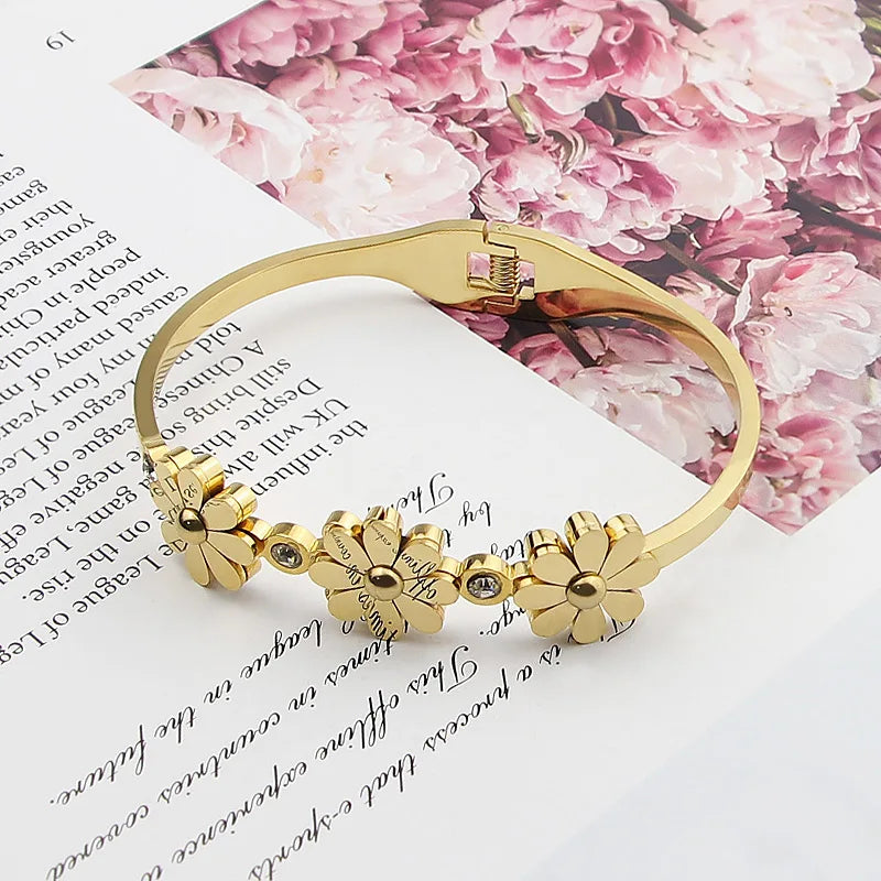 Crystal & 3 Chrysanthemum Bracelet Stainless Steel Bangle