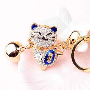 Lucky Cat Rhinestone Keychain Women's Bag Pendant Bell Key Ring