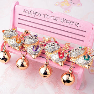 Lucky Cat Rhinestone Keychain Women's Bag Pendant Bell Key Ring