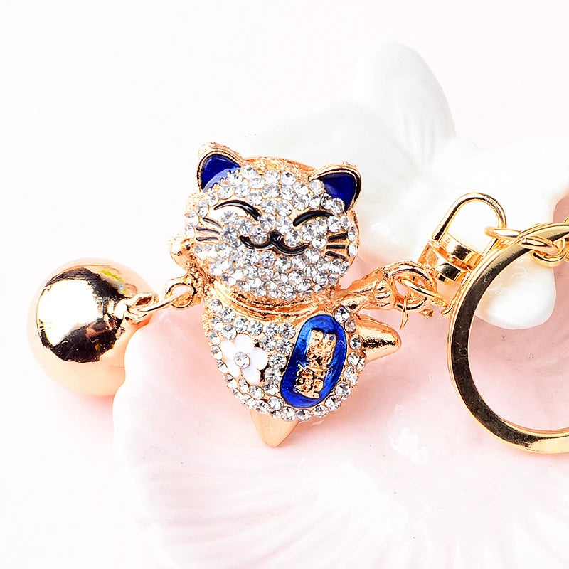 Lucky Cat Rhinestone Keychain Women's Bag Pendant Bell Key Ring