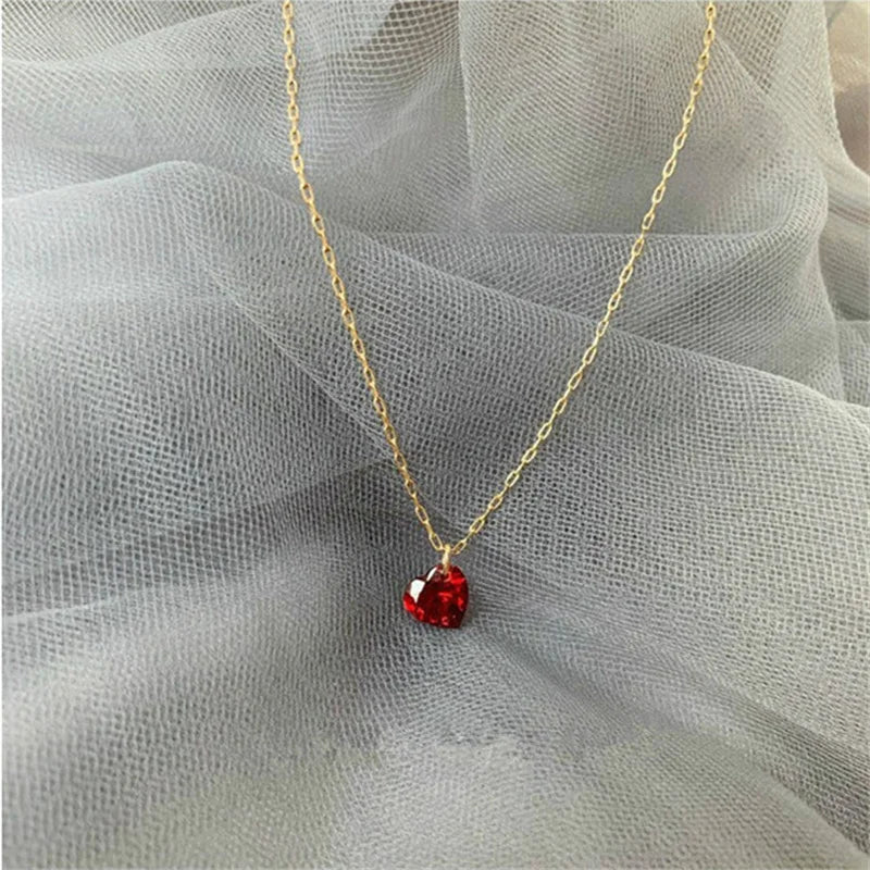 Crystal Red Heart Pendant Choker Necklace Silver 925 Clavicle Necklaces Female