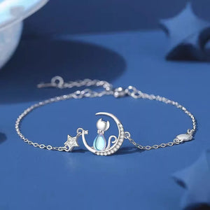 Crystal Water Droplet Cat Bracelet Silver 925 Moon Star Bracelet
