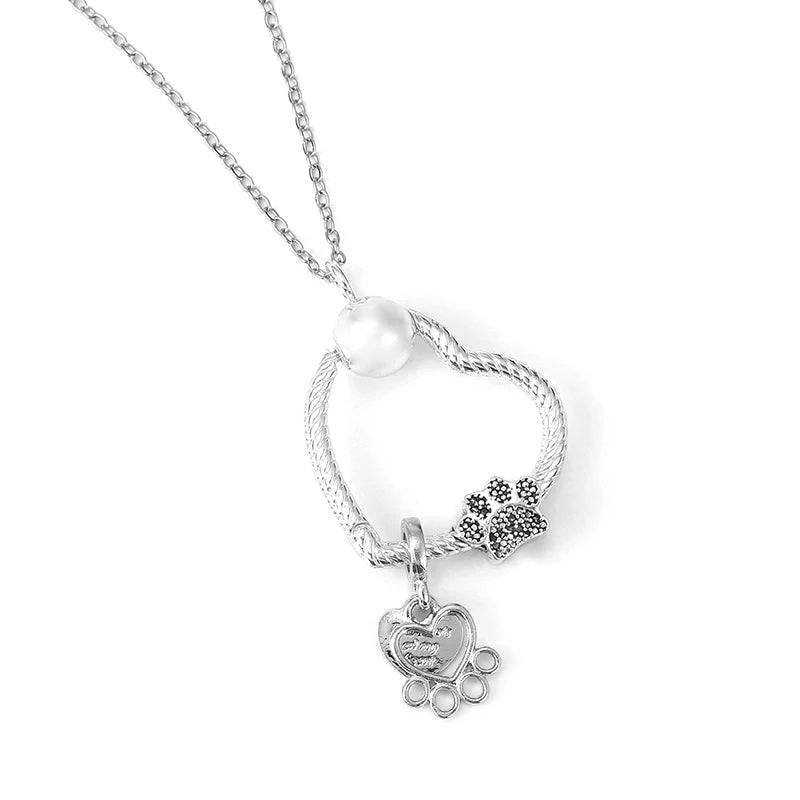Dog Paw Beads Pendant Charm Necklaces Choker Stainless Steel Love Heart